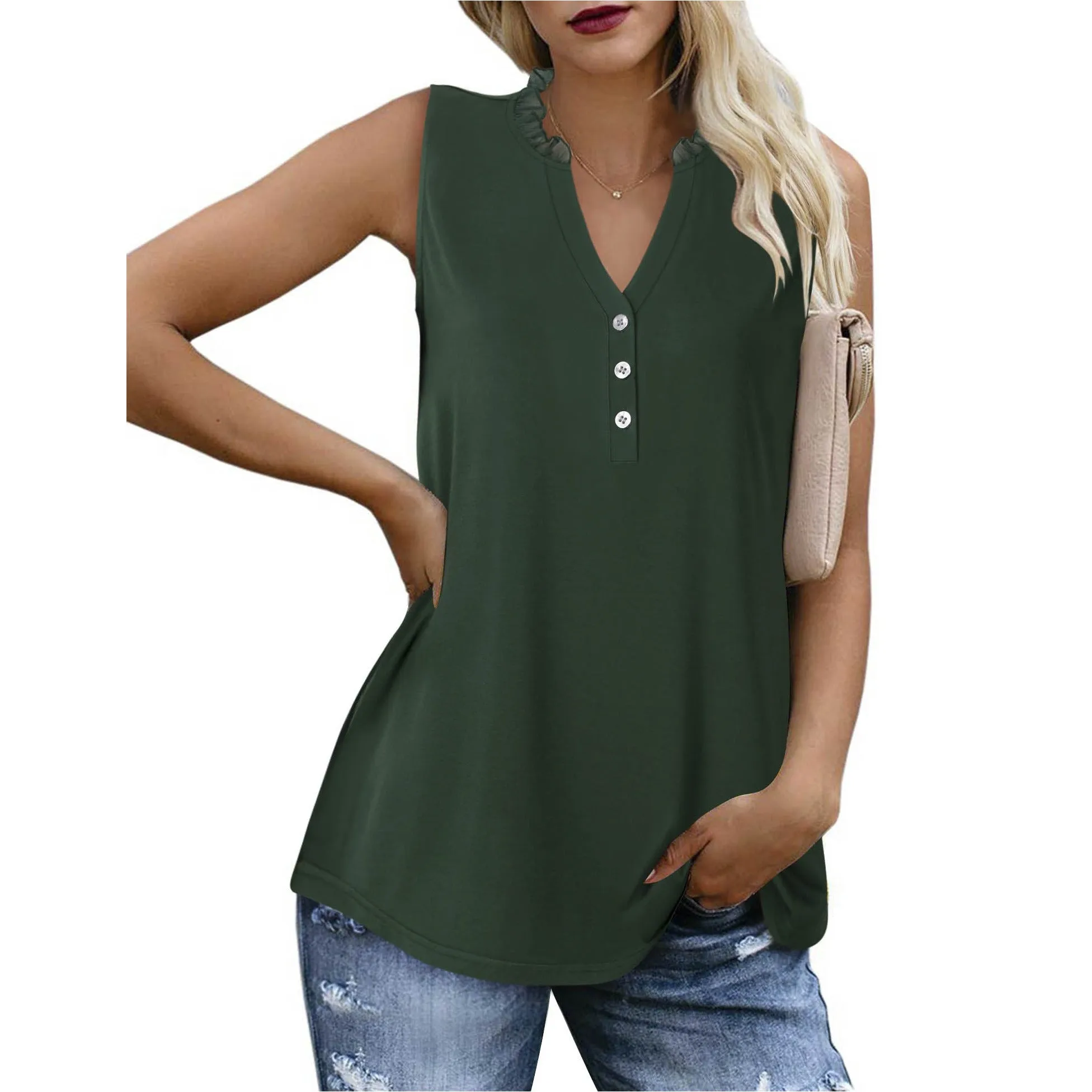 Ruffled Collar V Neck Tank Top