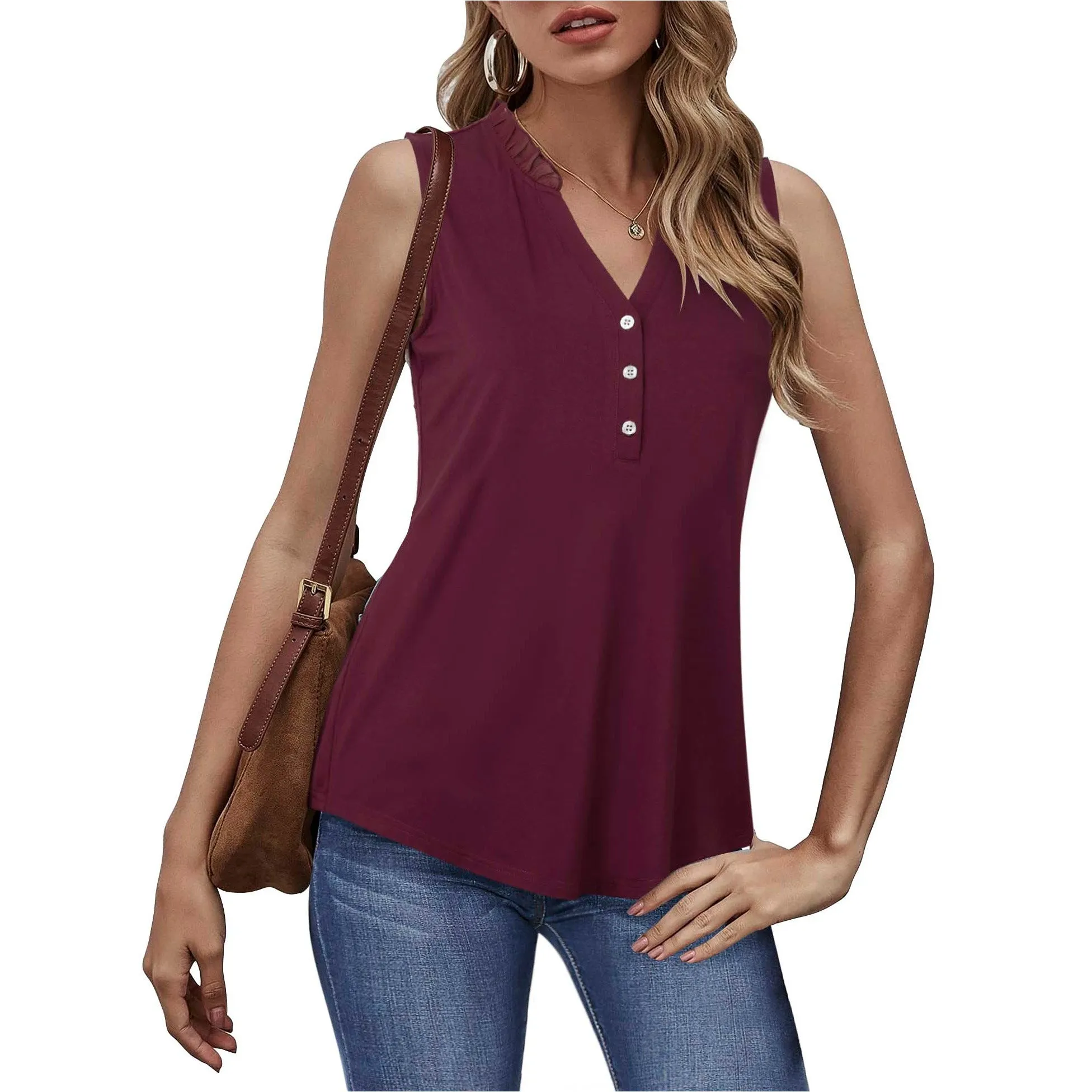 Ruffled Collar V Neck Tank Top