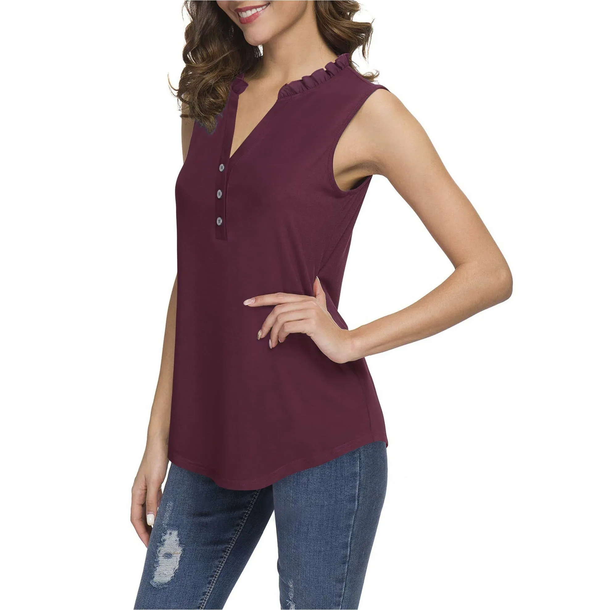 Ruffled Collar V Neck Tank Top