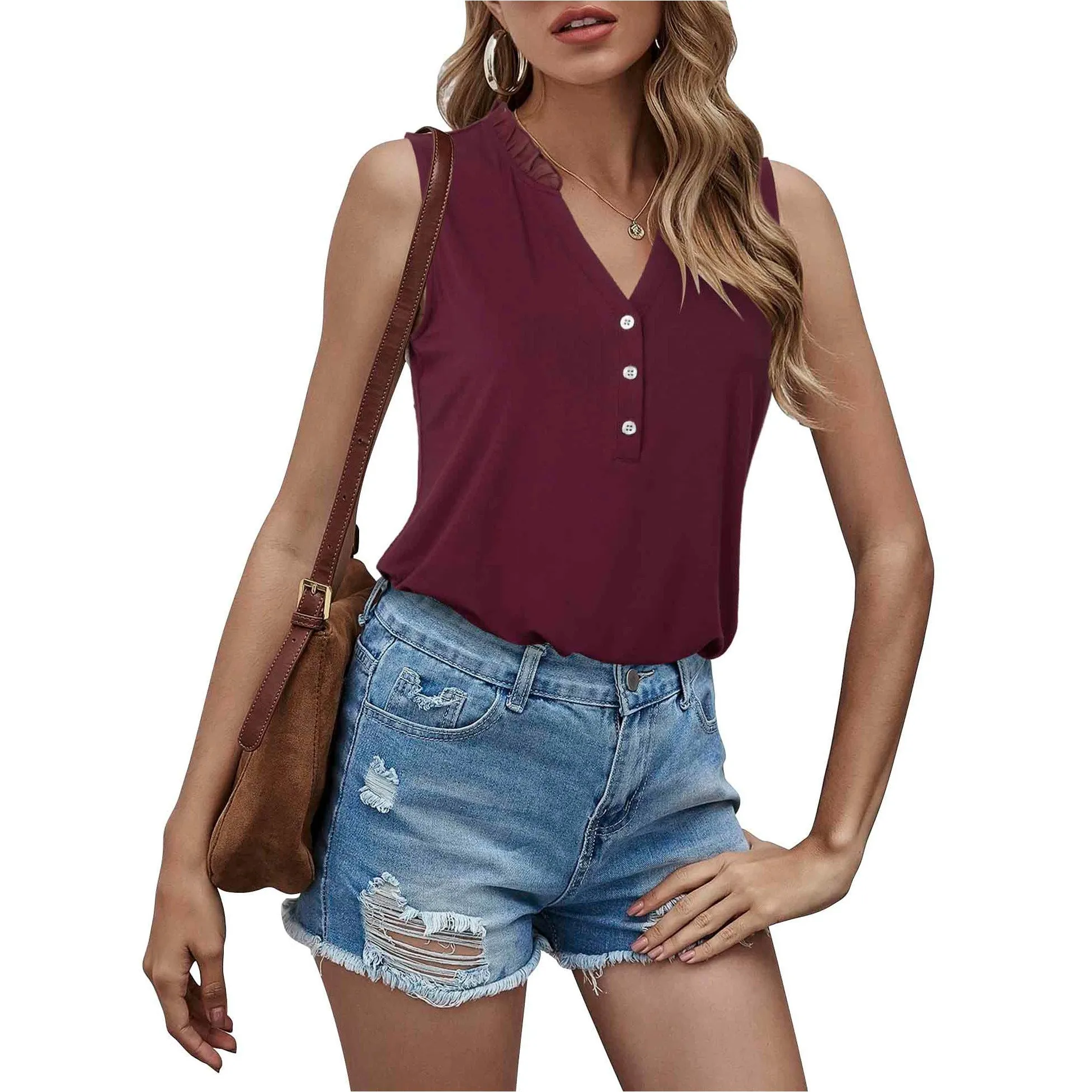 Ruffled Collar V Neck Tank Top