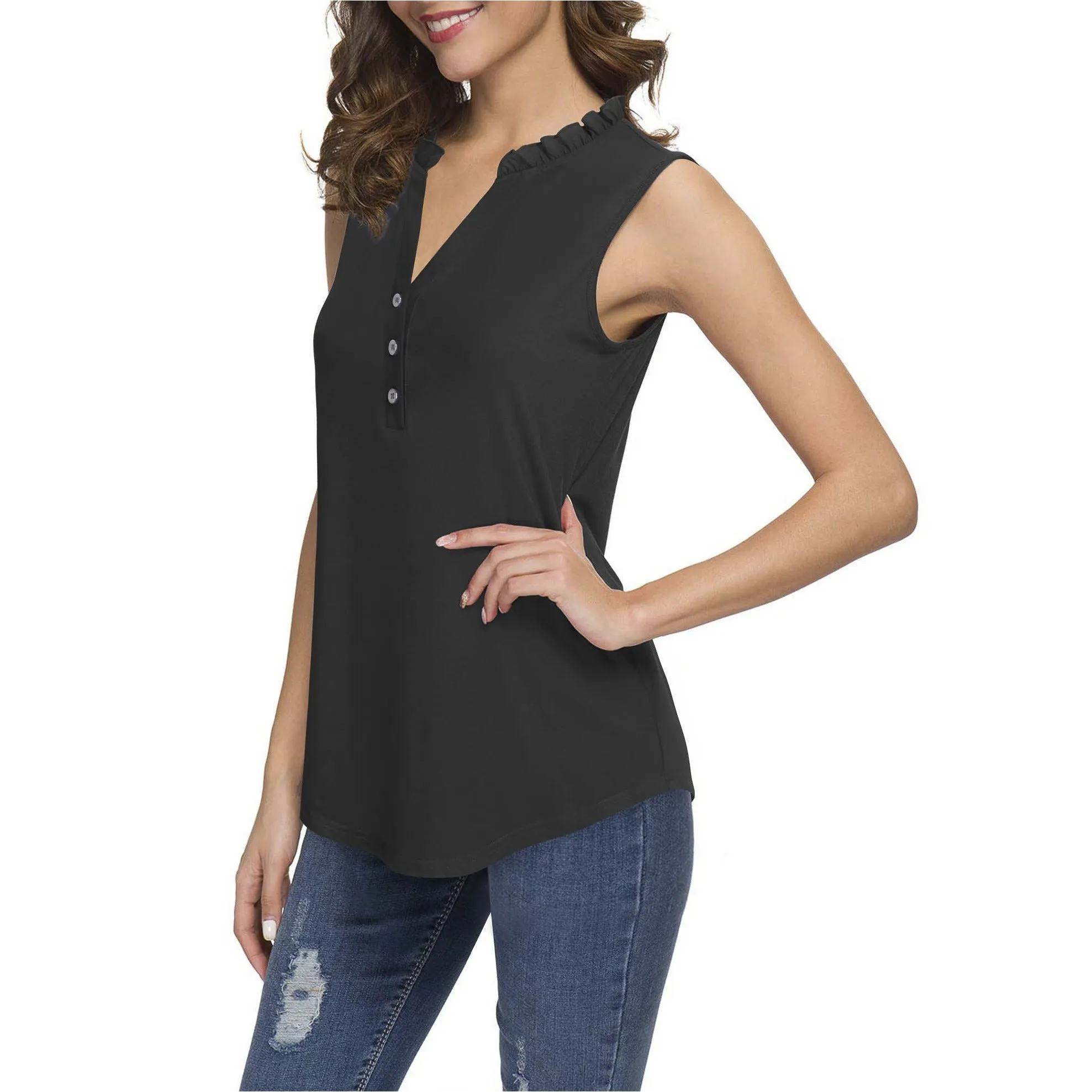 Ruffled Collar V Neck Tank Top