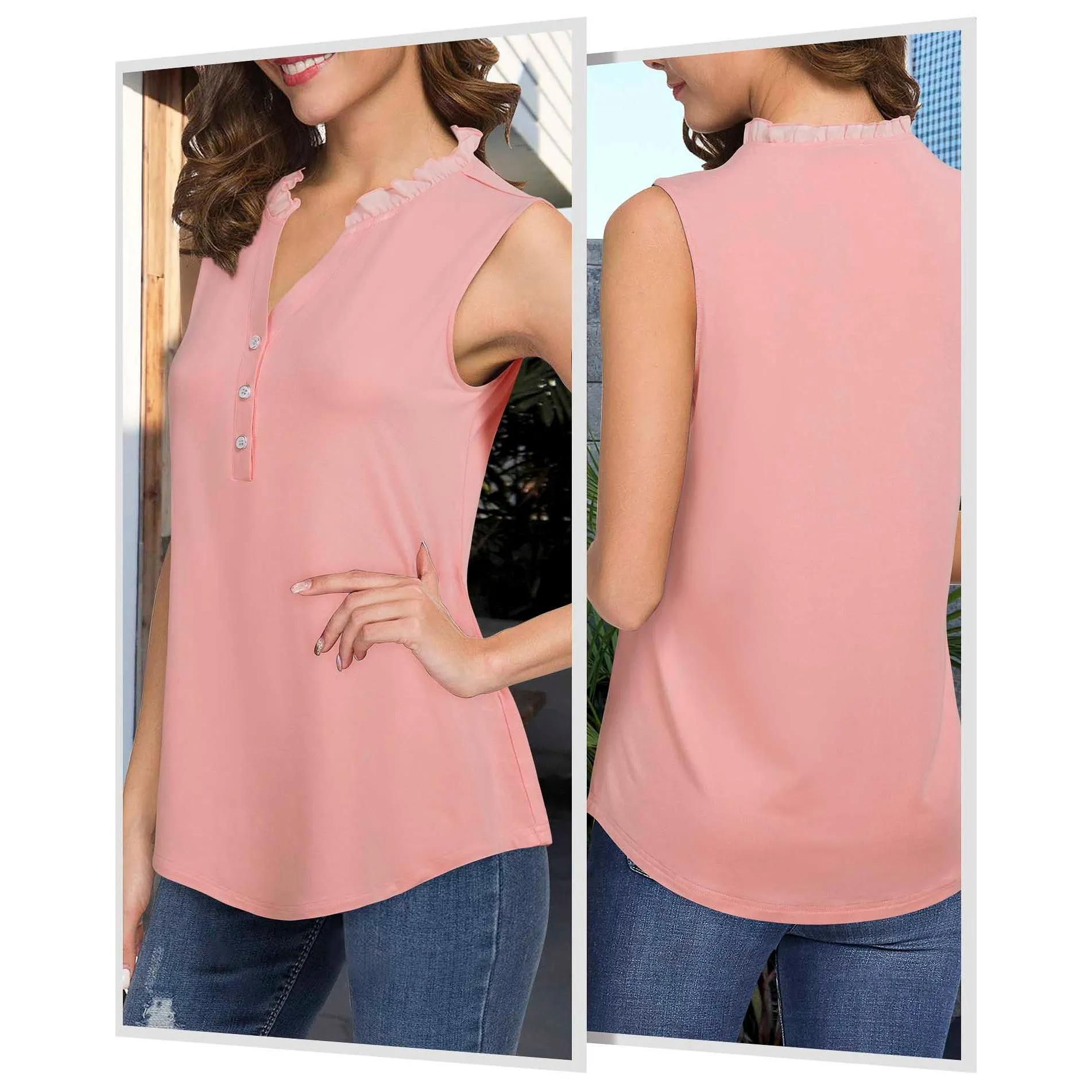 Ruffled Collar V Neck Tank Top