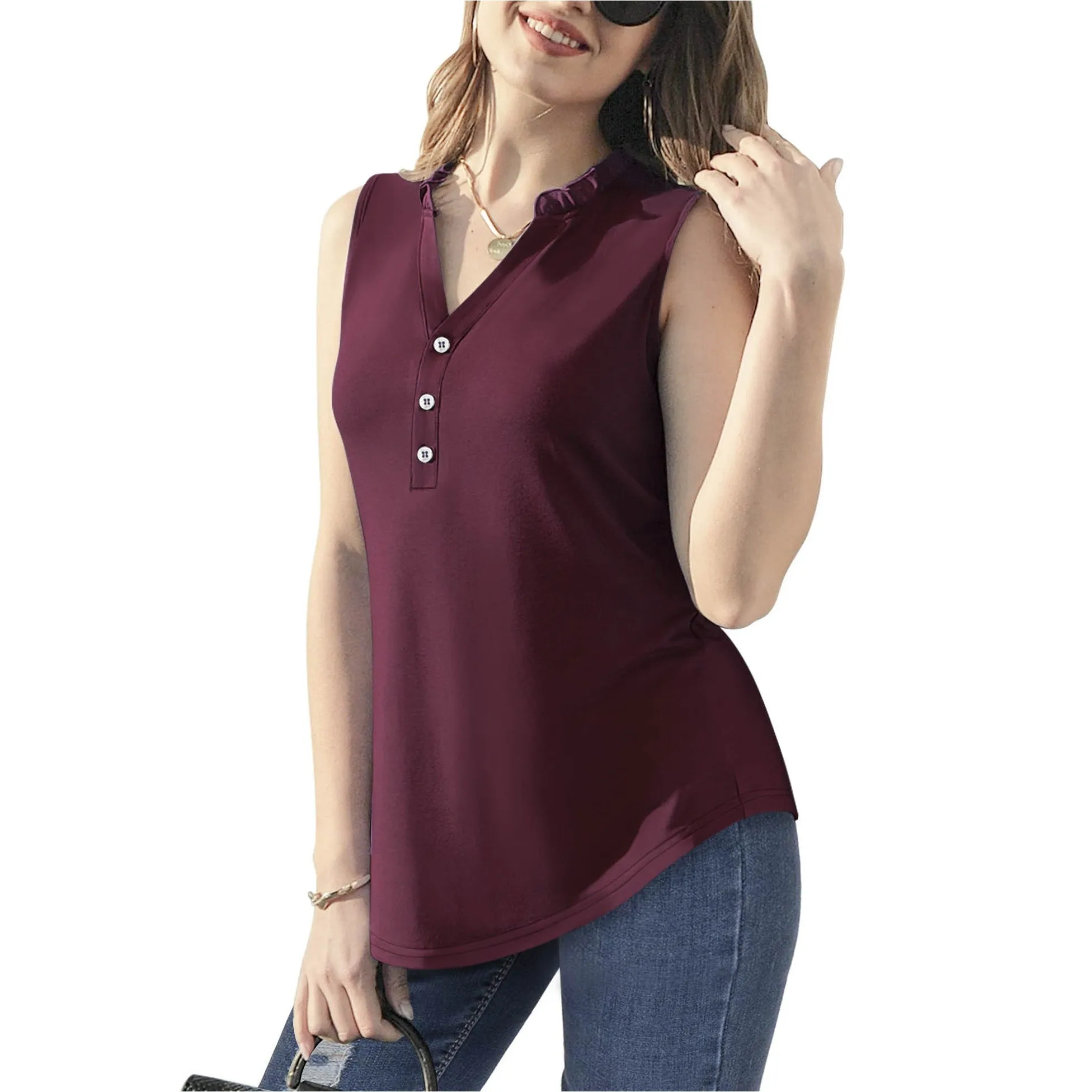 Ruffled Collar V Neck Tank Top