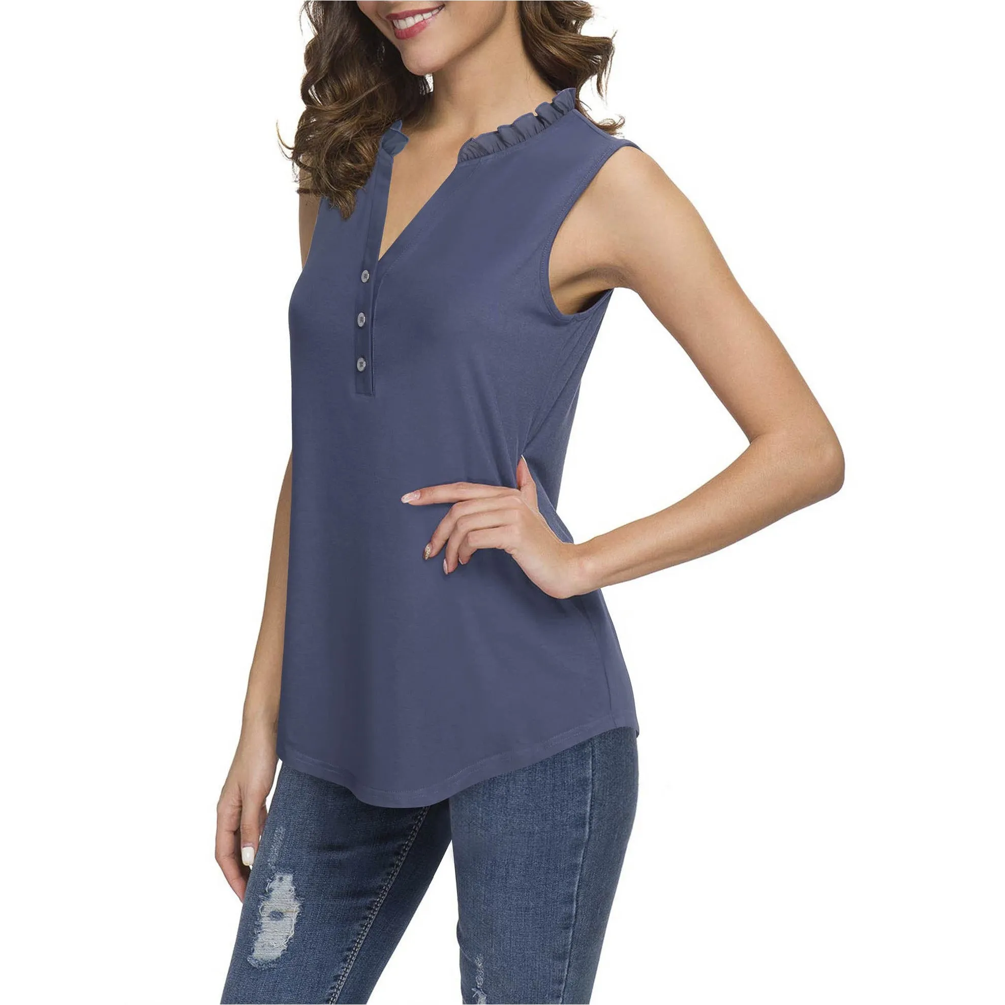 Ruffled Collar V Neck Tank Top
